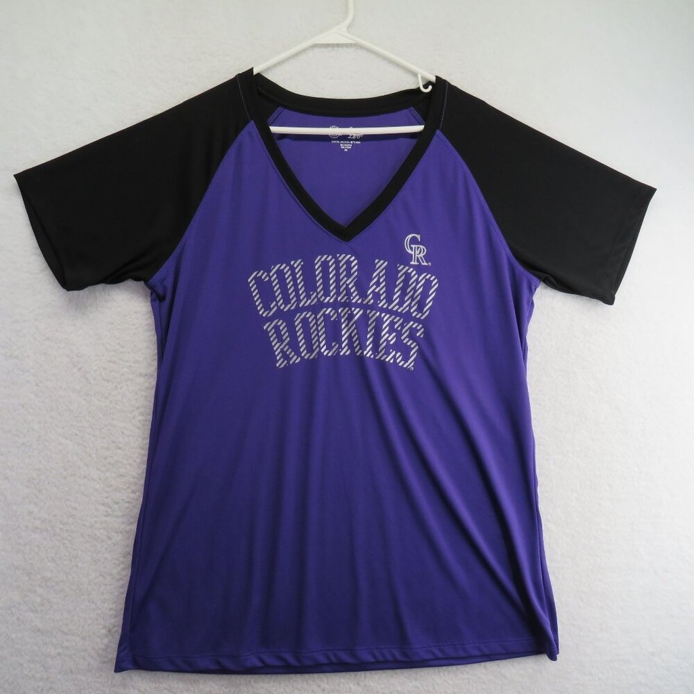 Colorado Rockies Womens V Neck T Shirt Size 2XL Black Purple MLB Baseball‎